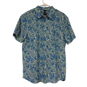 Prana Men's Stimmersee Blue Yellow Floral Bird Print Button Down Shirt Large